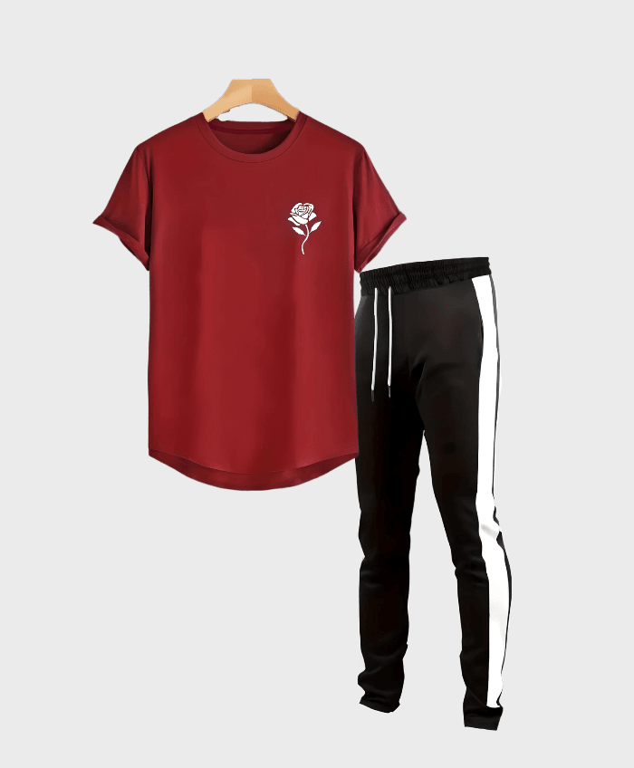 Cape Town - 2-delige set bordeaux rood bloemen design t-shirt en zwarte trackpants - Miller-Mode