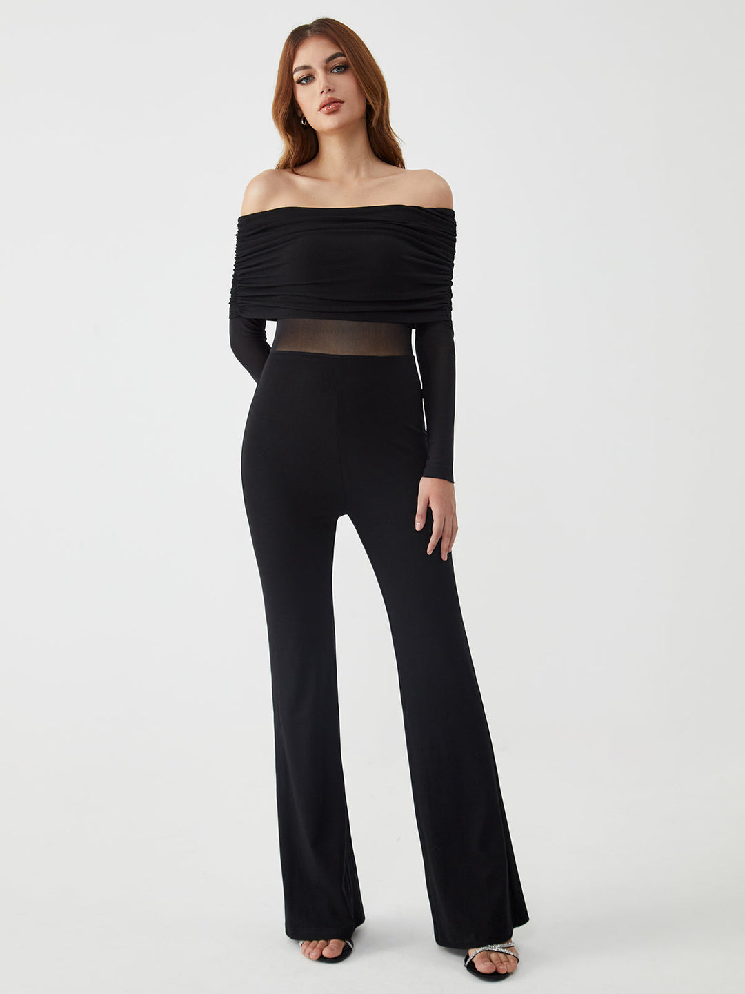 Schouderloze jumpsuit met lange mouwen van mesh